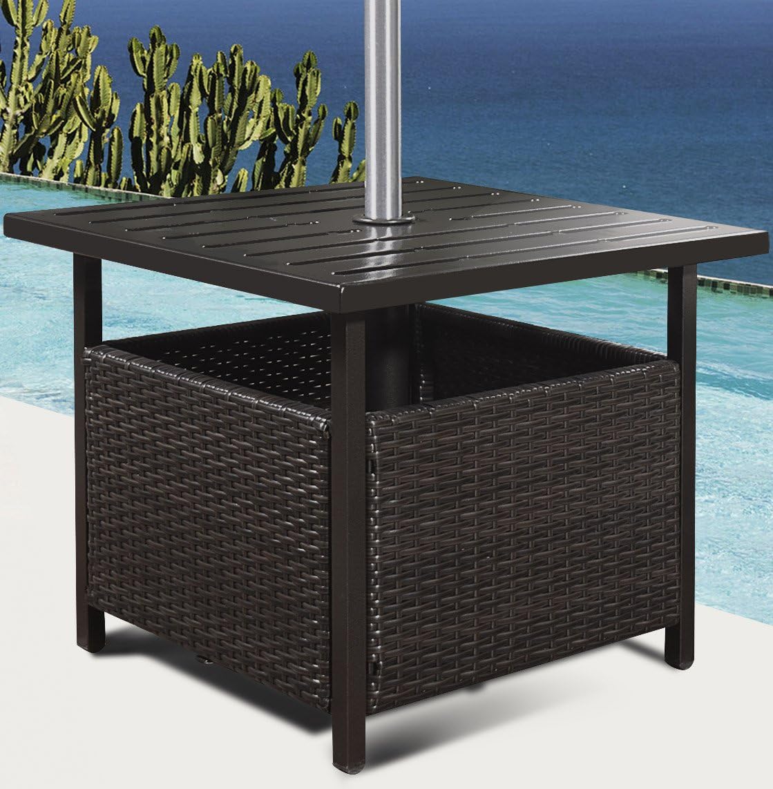 Giantex Patio Rattan Wicker Umbrella Side Table Stand with Umbrella Hole Steel Outdoor Deck Garden Pool Umbrella Side Table, Brown : Garden & Outdoor