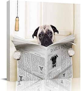 Abstract Wall Art on Canvas for Bedroom Living Room Bathrooms Kitchen,Funny Pug Dog Reading Newspaper Animal Print Artworks Office Home Decor,Stretched by Wooden Frame,Ready to Hang,12x12in