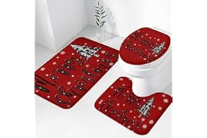 Easternproject Merry Christmas Bathroom Rug Sets 3 Red Black White Buffalo Xmas Trees Snowflake Winter Bath Mat Soft Non Slip Water Absorbent U-Shaped Contour Toilet Mat, Toilet Lid Cover