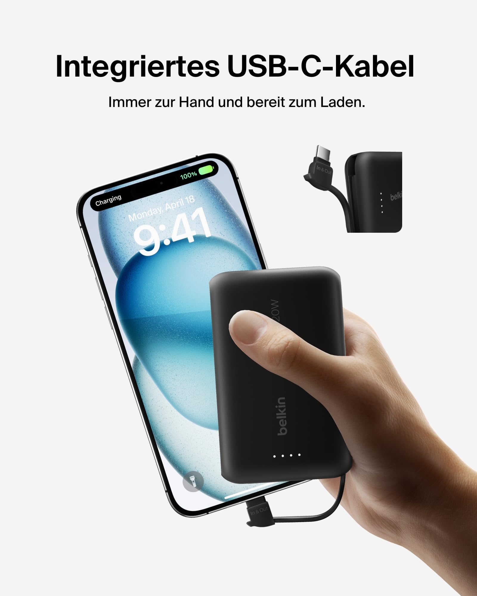 Belkin BoostCharge 10000mAh Power Bank, integriertes USB-C-Kabel – Schwarz 5