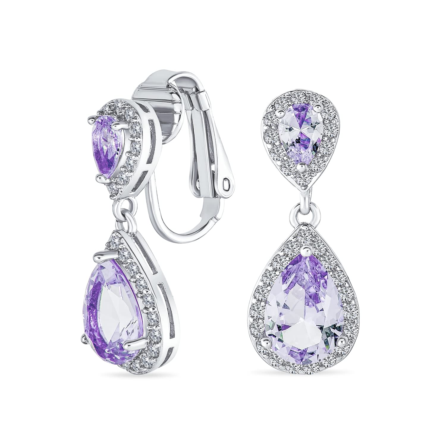 Purple Lavender Teardrop CZ Halo Prom Drop Statement Chandelier Clip On Earrings Simulated Amethyst Cubic Zirconia Silver Plated Brass