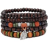 QLUYCKW 5 PCS Bohemian Multilayered Wood Beaded Layered Bracelets for women Men Vintage Boho Handmade Turquoise Feather Stackable Bracelet Birthday Fashion Accessoriess