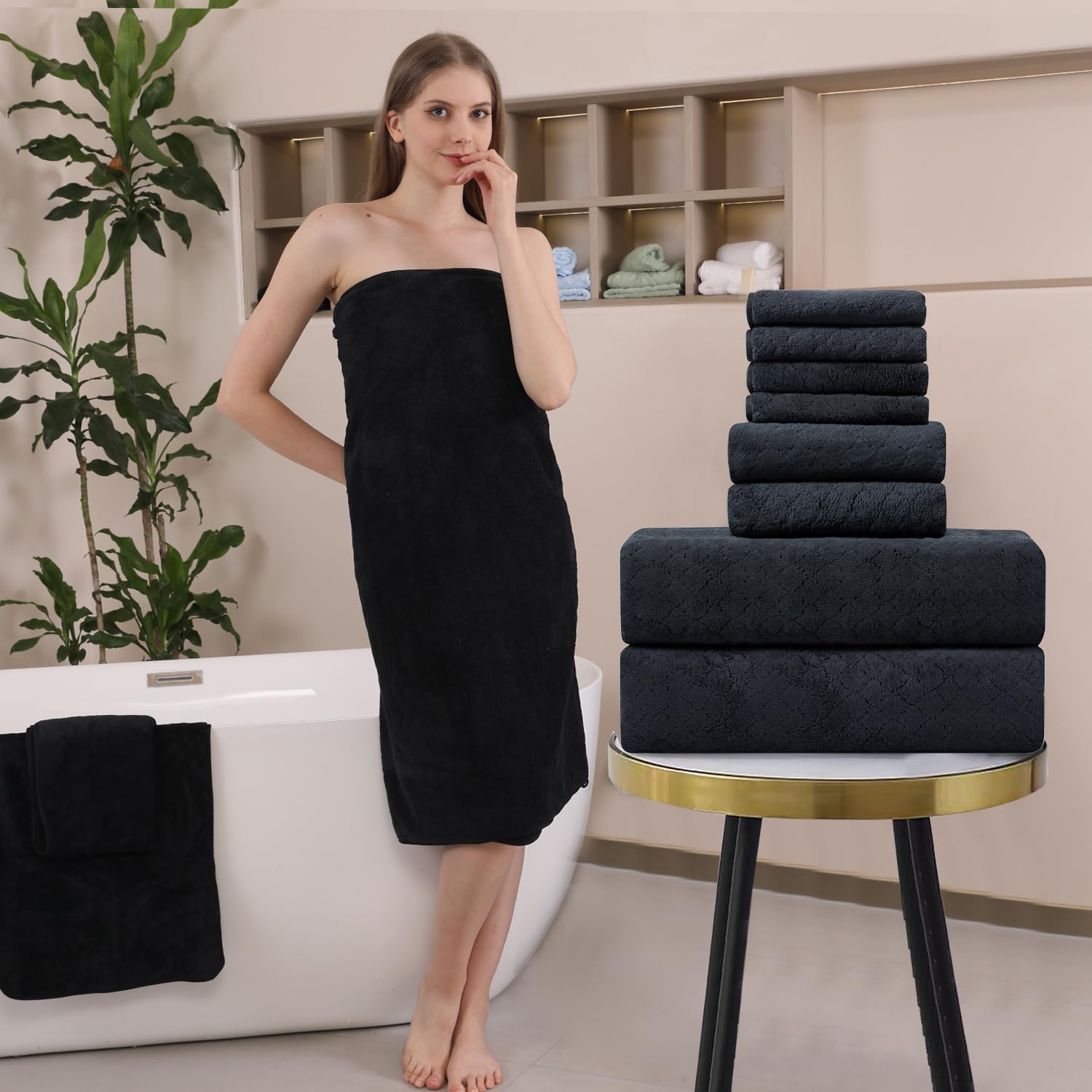 8-Piece Black Bath Towels Set,2 Oversized Large Bath Towels Sheet,2 ...