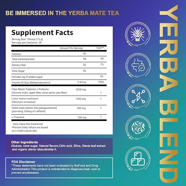 YERBA MATE INSTANT TEA POWDER, BLUEBERRY GRAPE FLAVOR, UPGRADE TO 360G 3-IN-1 NATURAL ENERGY SUPER DRINK WITH LOW SUGAR, PREBIOTICS & PROBIOTICS, SUPPORTS MENTAL CLARITY, 30 SERVINGS
