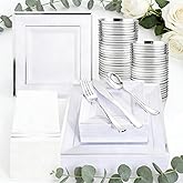Festiva 350Pcs Silver Plates - Silver Square Plastic Plates 9 .5" and 6" - serve for 50 guests include 50 Cups 50Plastic Cutlery 50Hand Napkins Perfect for Party&Wedding&Birthday