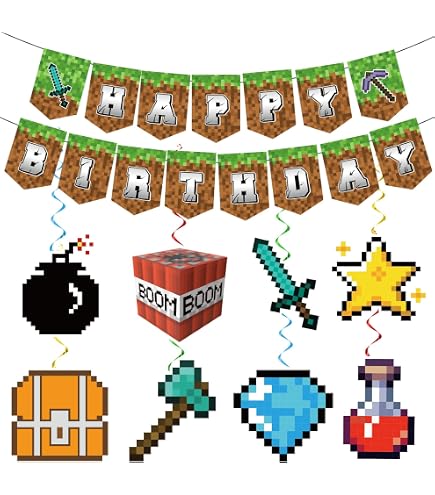 SAVITA Pixel-Geburtstagsbanner – 150 X 100 Cm, Polyester, Für Minecraft & Pixel-Partys, Mit Seil