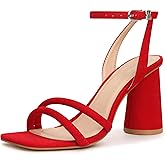 Viciously Vixen Women's Block High Heels Square Toe Heeled Sandals Ankle Strap Shoes, Red, 10