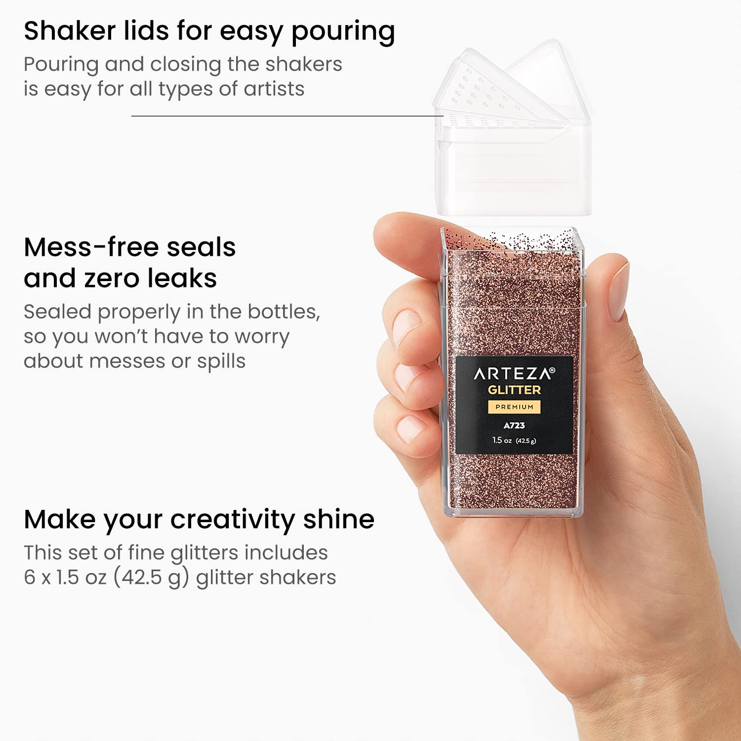 ARTEZA Fine Glitter, Set of 6, Metallic Glitter for Resin in 1.5-oz Bottles, Arts and Crafts Supplies for Art Class, After-School Programs, and Holiday Craft Projects