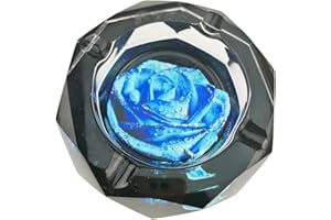 Unigift Classical Blue Roses Pattern Transparent Octangle Shape Crystal Glass Cigarette Ashtray for Home Office Tabletop Desk