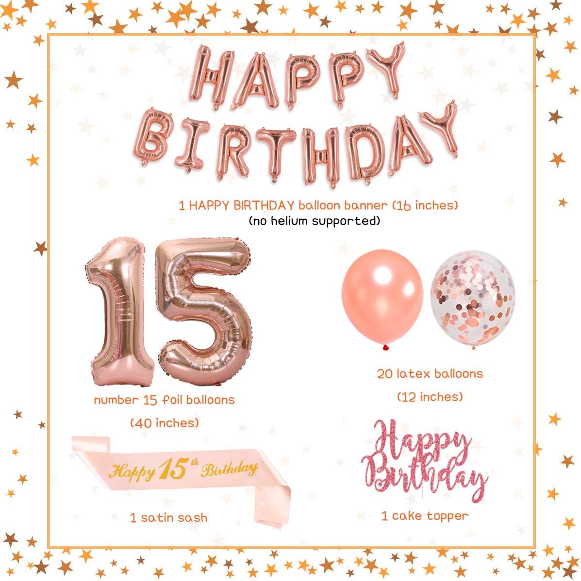 JOYMEMO 15th Birthday Decorations Rose Gold, Happy Birthday Banner, 15th Sash, Cake Topper - Image 4