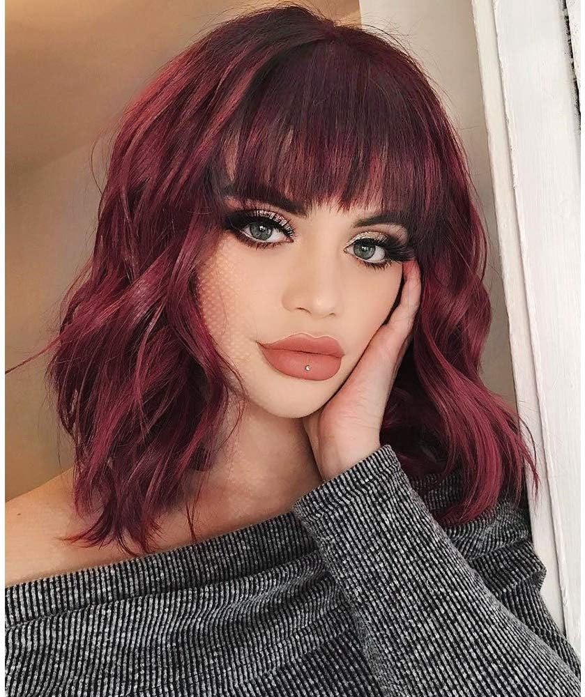 YEESHEDO Short Bob Wigs for Women Natural Curly Wigs with Fringe Bangs Heat Resistant Hair Fiber for Daily Use or Cosplay Party 16" (Wine Red)