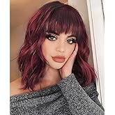 Ucubb Short Bob Wig with Bangs for Women Wine Red Wigs Synthetic Curly Wavy Hair Wigs Natural Looking Heat Resistant Fiber Hair for Women
