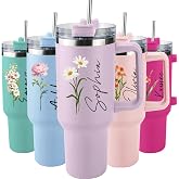 Elemtansy Personalized 40 Oz Tumbler with Handle and Straw, Custom Cup with Name &amp; Birth Flower, Stainless Steel Travel Coffee Tumbler,Personalized Mothers Day Birthday Gifts for Women, Teen Girls