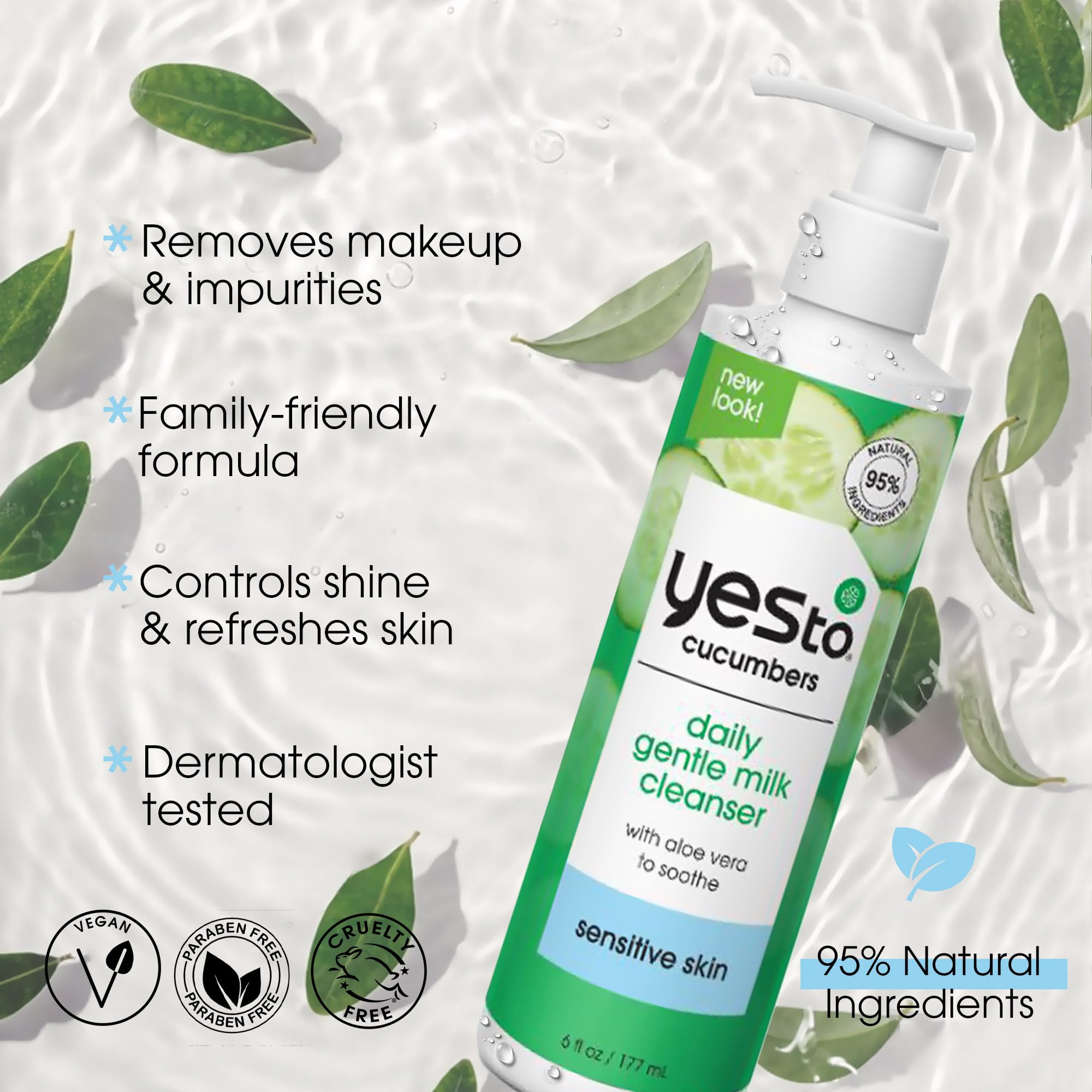 Yes To Cucumbers Daily Gentle Milk Cleanser, Soothing Face Wash That Won't Strip Your Skin & Holds Moisture, With Cucumber Extract, Soy Proteins & Green Tea, Natural, Vegan & Cruelty Free, 6 Fl Oz