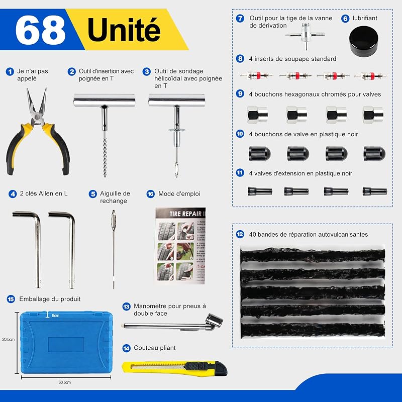 ,68pcs kit Reparation Pneu Voiture，pour SUV, Tracteurs, Camping-Cars