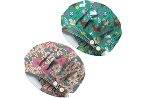 DELORIGIN 2PCS Scrub Caps with 4 Buttons Cotton Nurse Cap Elastic Surgical Hats with Sweatband for Women Men Cooking Cleaning
