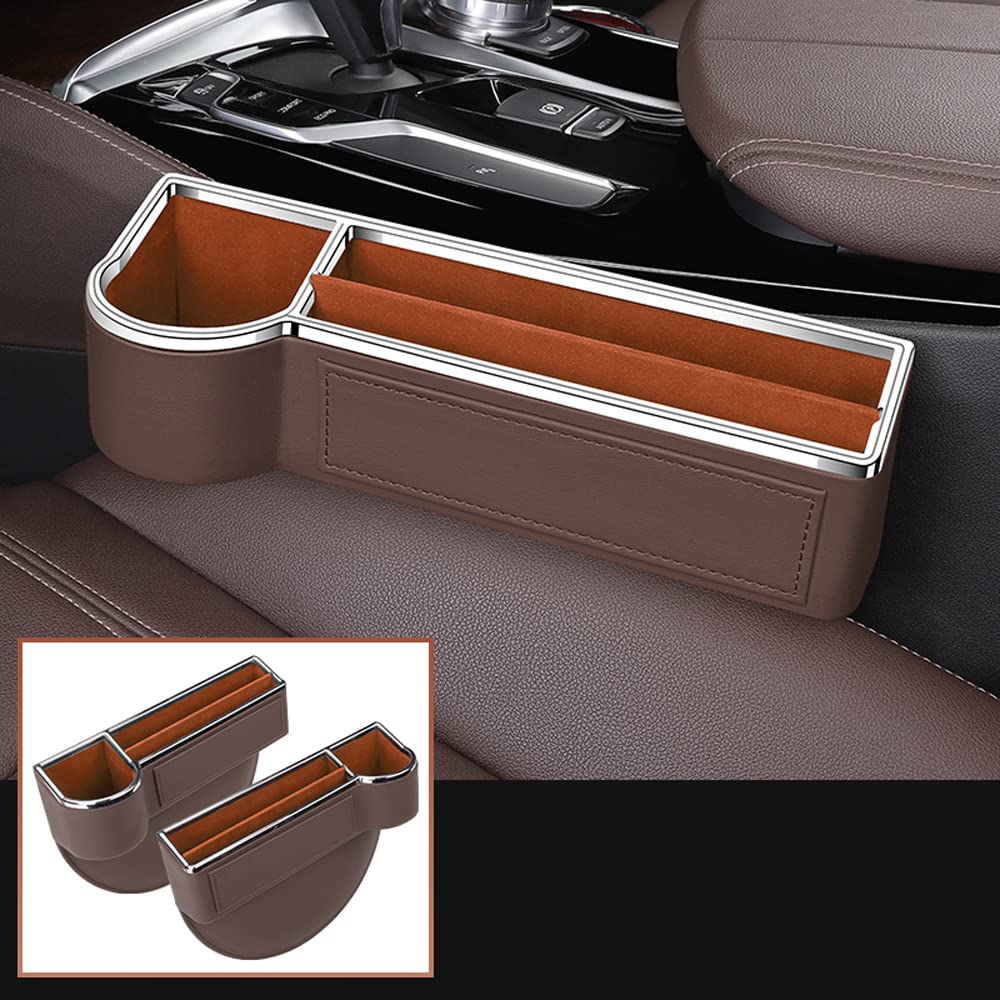 Photo 1 of SANRILY 2 Pack Car Seat Gap Filler Organizer with Cup Holder Universal Fashion PU Leather Multifunctional Car Center Console Organizer with USB Hole Brown