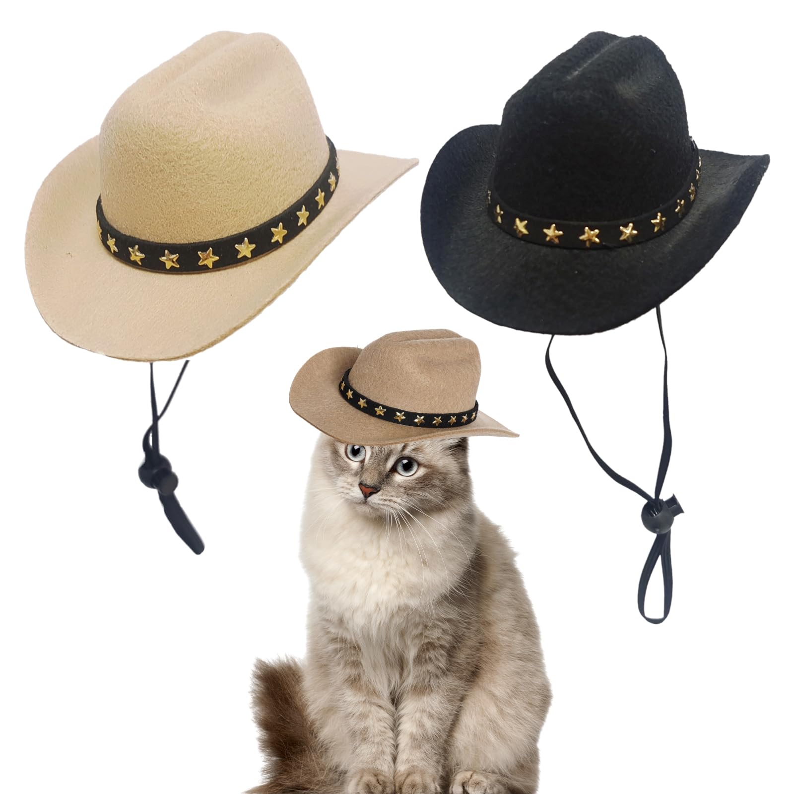 Bekecidi 2PCS Western Pet Costumes: Mini Cowboy Hats for Cats and Dogs - Cute Halloween Costume Accessories for Your Furry Friends (Black + Beige)