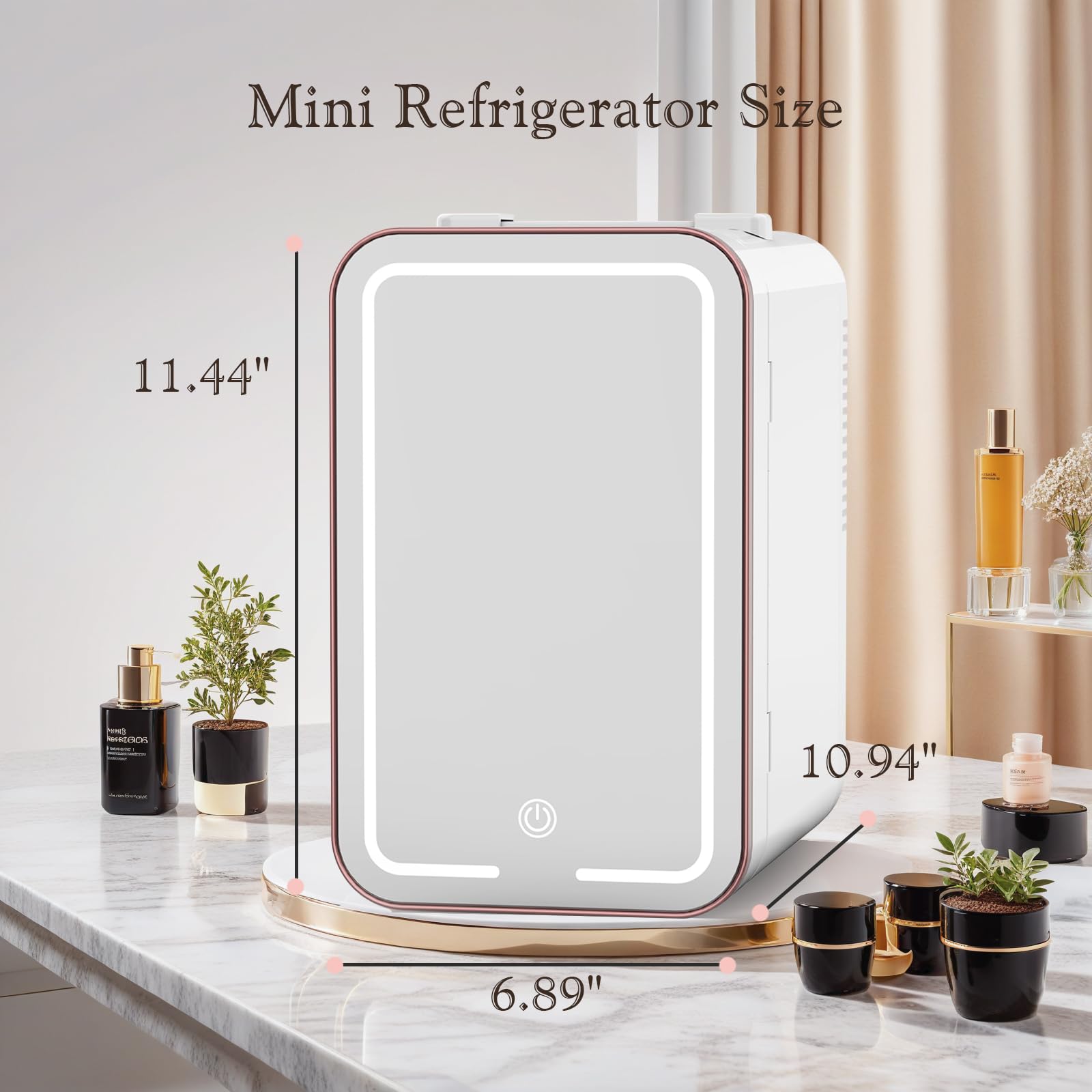 Skincare Fridge, 6L/10 Can Mini Fridge for Bedroom with Dimmable LED Mirror, Portable Cooler & Warmer Small Compact Refrigerator for Skincare, Cosmetics, Bedroom and Office, White