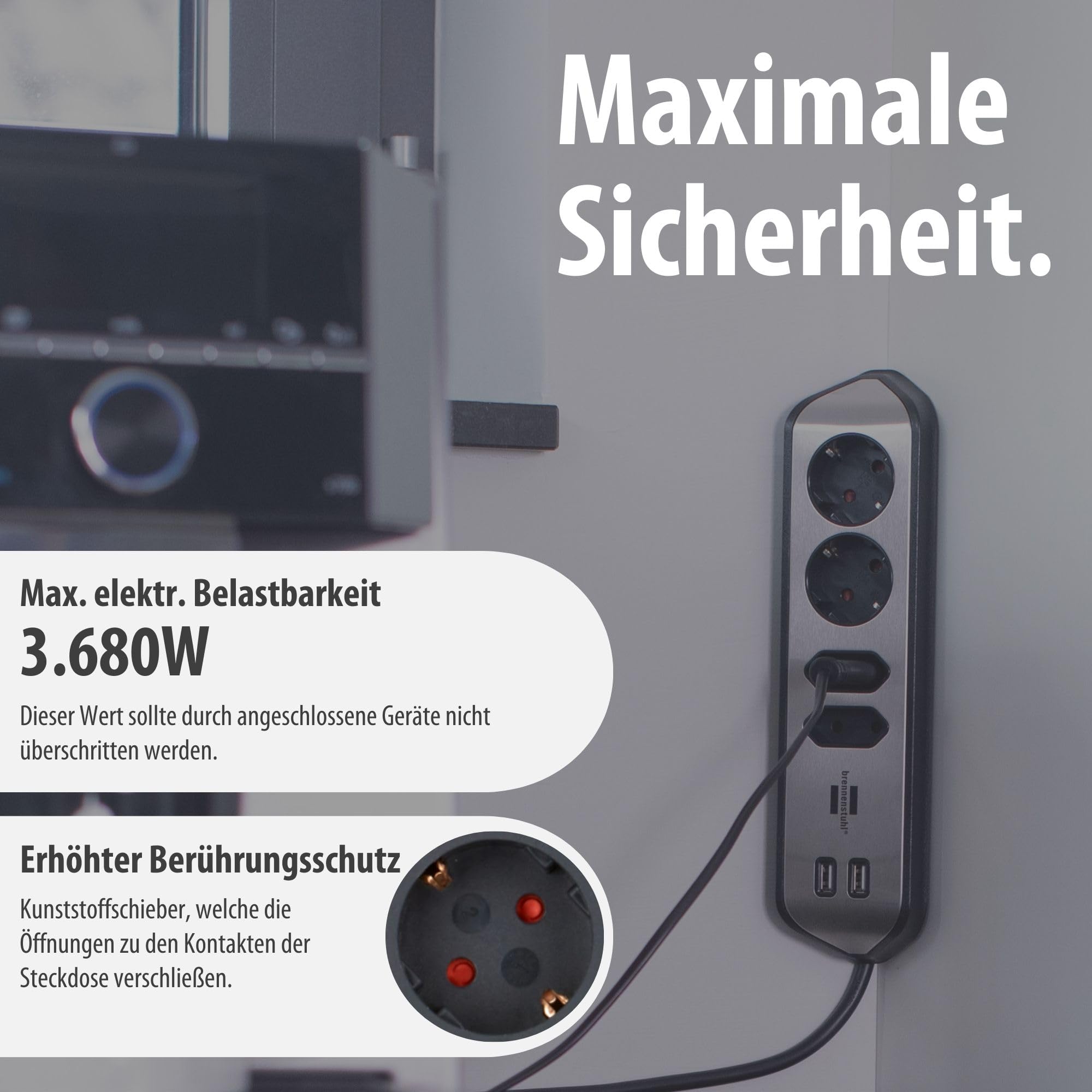 Brennenstuhl Estilo Ecksteckdosenleiste 4-Fach (Tischsteckdose mit Edelstahloberfläche für Küche und Büro, mit 2X Schutzkontakt-Steckdosen, 2X Euro-Steckdosen, inkl. USB-Ladefunktion) Silber/schwarz 6