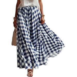 Womens Plaid Long Skirts Summer High Waist A Line Plaid Maxi Skirt Dress Boho Elegant Flowy Long Skirts with Lined