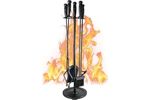 TOMERSUN Modern Fireplace Tools Set 5 Pcs Fireside Accessories Fire Kit Set Outdoor Fire Pit Tools with Poker Shovel Tongs Brush and Stand