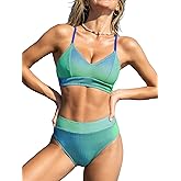 CUPSHE Women's Bikini Sets Two Piece Swimsuit High Waisted Striped V Neck Swimwear Back Tie
