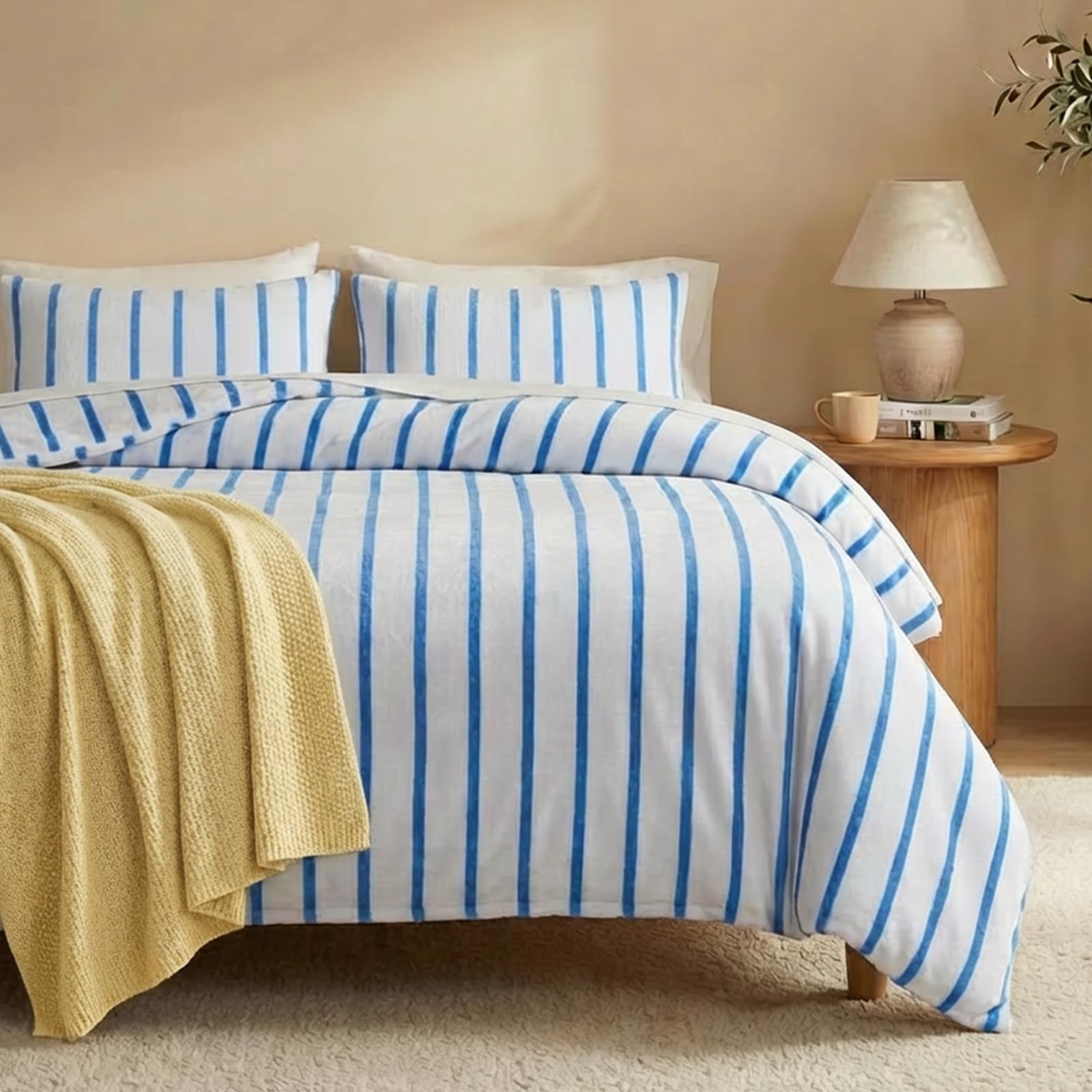 Condition photo showing As Is for bedbay blue striped comforter set queen size microplush fleece bedding set ultra soft & warm flannel