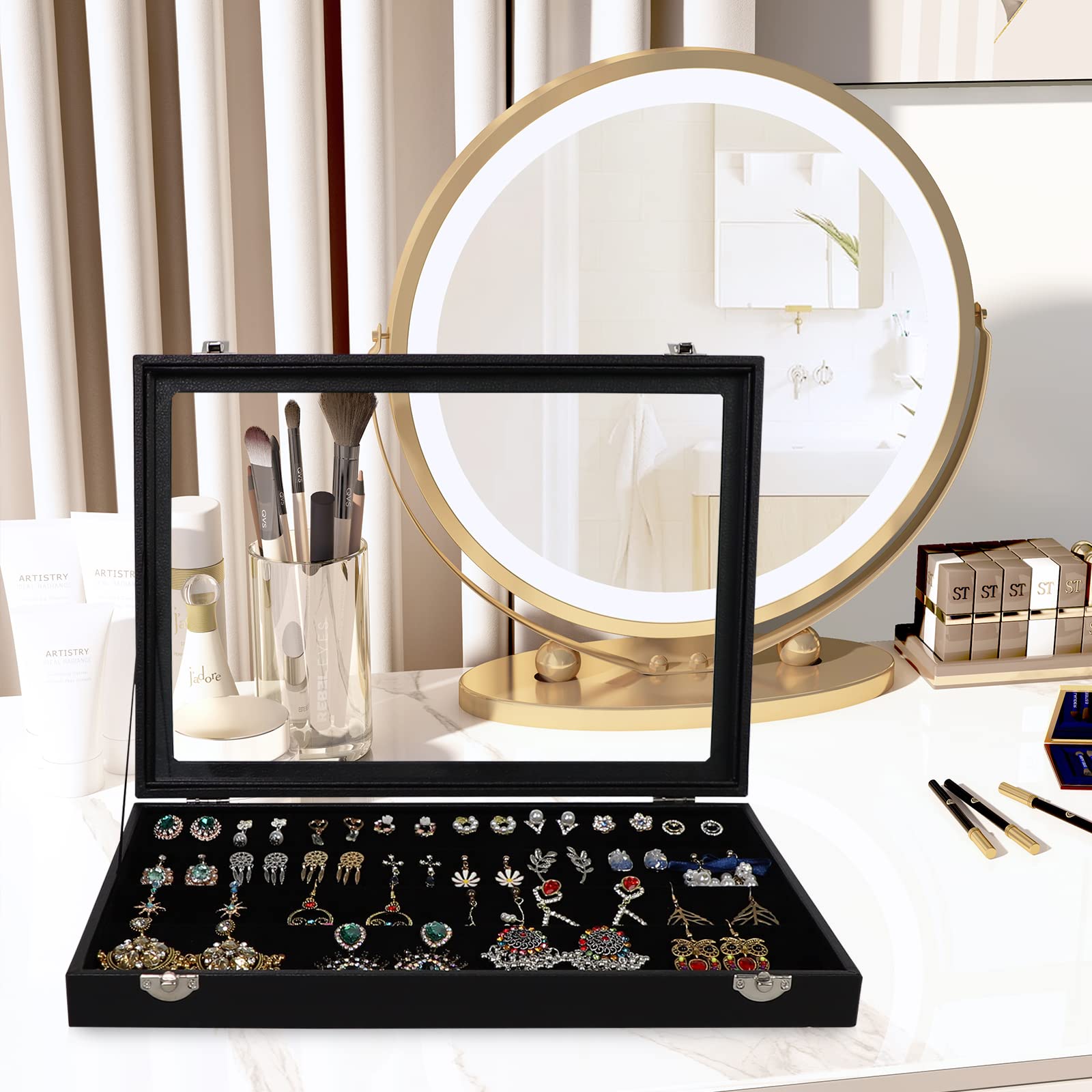 Wudygirl 32 Pairs Jewelry Organizer Velvet Jewelry Tray Clear Lid Earring HolderOrganizer Jewelry Box Earrings Holder Display Case Stackable（Earring Storage）