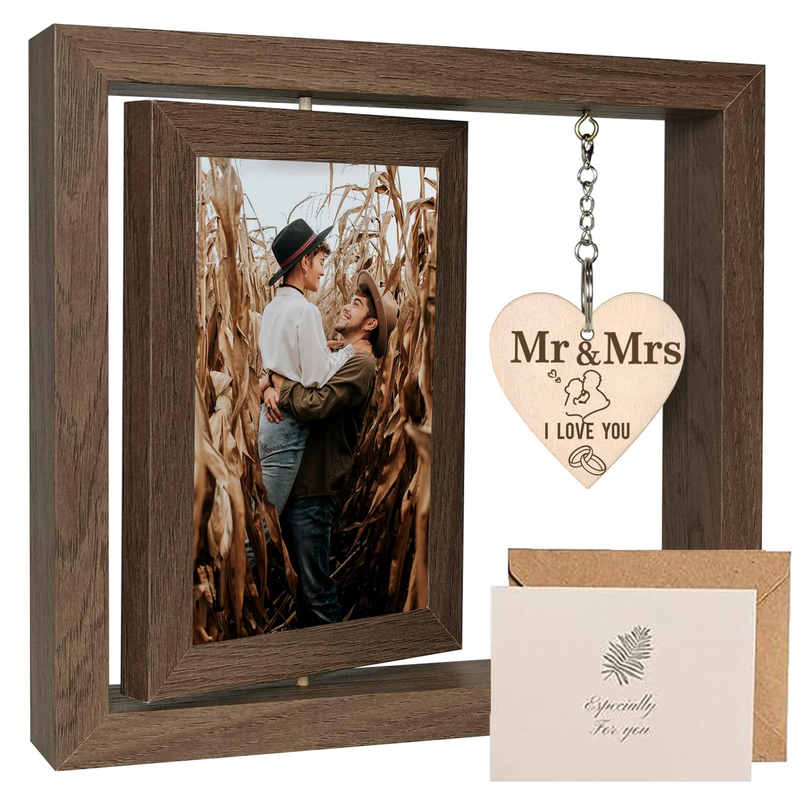 Rotating Floating Mr & Mrs Picture Frame 4x6In Double-Sided Picture Walnut Frame Rustic Rotating Picture Frame Couple Gifts Wedding Engagement Gifts for Boyfriend Girlfriend Wife Husband (Mr & Mrs)