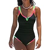 popvil One Piece Swimsuits Women 2026 Tummy Control - Modest Bathing Suit Shapewear Swimwear Retro Neon Swim Suit