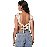 MakeMeChic Women's Mesh Tie Open Back Tank Square Neck Sleeveless Crop Tops