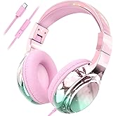 QearFun USB C Kids Headphones Wired with Mic, 85/94dB Safe Volume Limit, Foldable Over Ear, Tangle-Free Cord & Sharing Port, Wired On-Ear Headset for School, Chromebook, Tablet, Travel-Boys & Girls