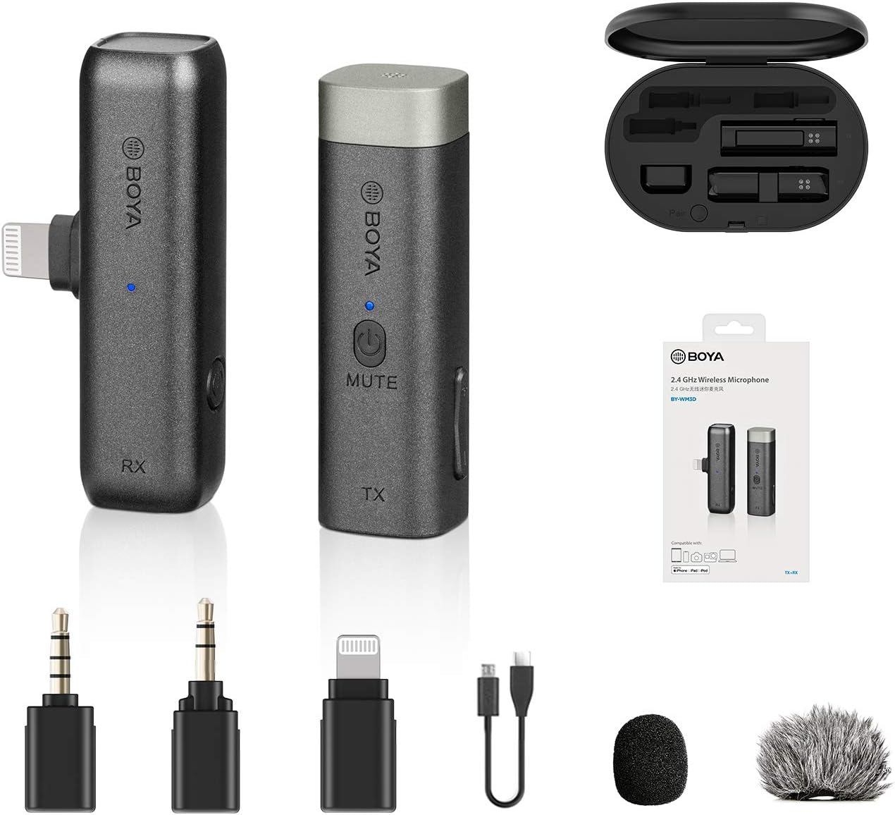Amazon.com: BOYA BY-WM3D 2.4GHz Wireless Microphone with MFI Certified IOS  Adapter, 3.5mm TRS & TRRS Adapter & Charging case Compatible with iPhone  IOS device, DSLR and Camcorder: Musical Instruments