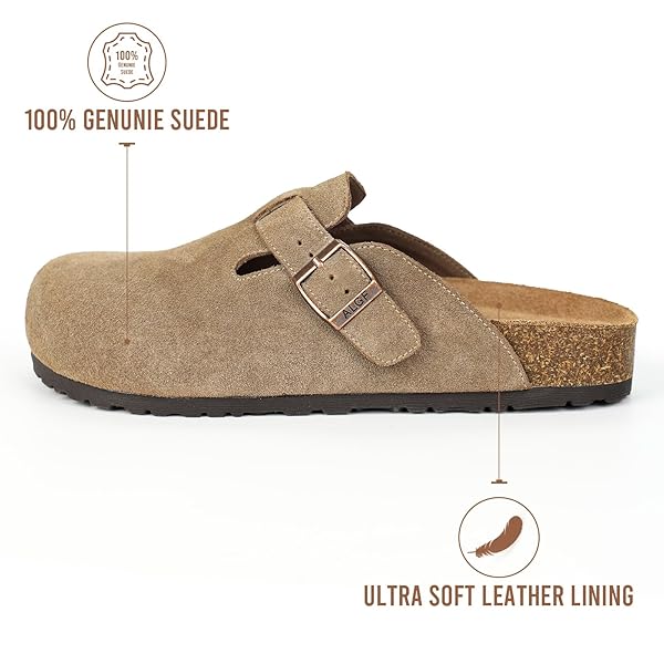 ALGF WOMEN’S GENUINE SUEDE CLOGS FOR WOMEN SLIP-ON BUCKLE SLIDES WOMEN’S MULES & CLOGS NATURAL RUBBER CORK FOOTBED SANDALS POTATO SHOES WITH ARCH SUPPORT
