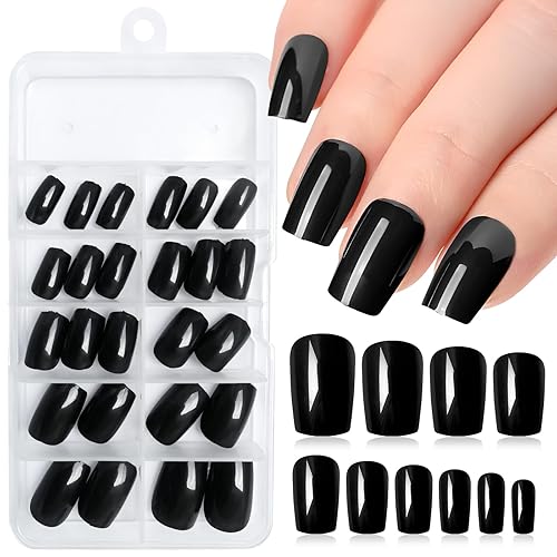 LuckForever 120pc Medium Press on Nails Square Fake Nail Tips, Black Square Press on Nails Medium False Nails Press ons Artificial Fingernail & Glue Adhesive Tabs File Nail Kit for Women Girls Kids