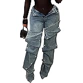 Famnbro Womens Baggy Cargo Jeans Y2K High Waisted Straight Wide Leg Detachable Denim Jeans