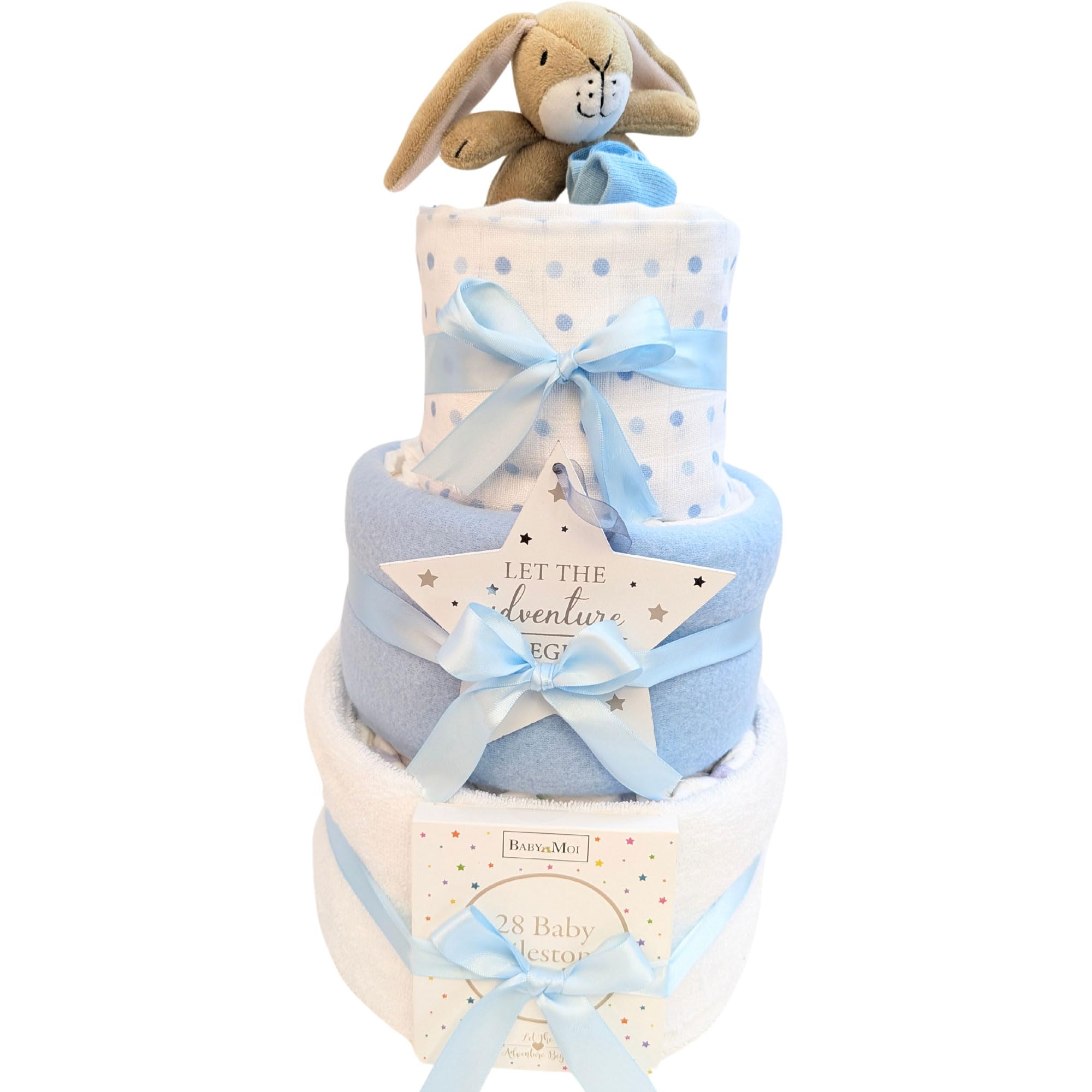 New Baby Gifts for Newborn Baby Gift Set 3 Tier Nappy Cake Baby Gift Hamper Present for Baby Shower Gifting & New Parent Gifts Guess How Much I Love You (Boy)