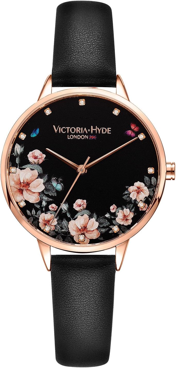 VICTORIA HYDE Elegant Women Watches Floral Dial Analog Quartz Detachable Stainless Steel Mesh Band Genuine Leather Strap Wristwatch for Laides