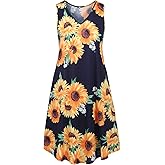 Ivicoer Women's Summer Beach Dresses V-Neck Floral Printed Tank Swing Dress Plus Size with Pocket(L-5XL)