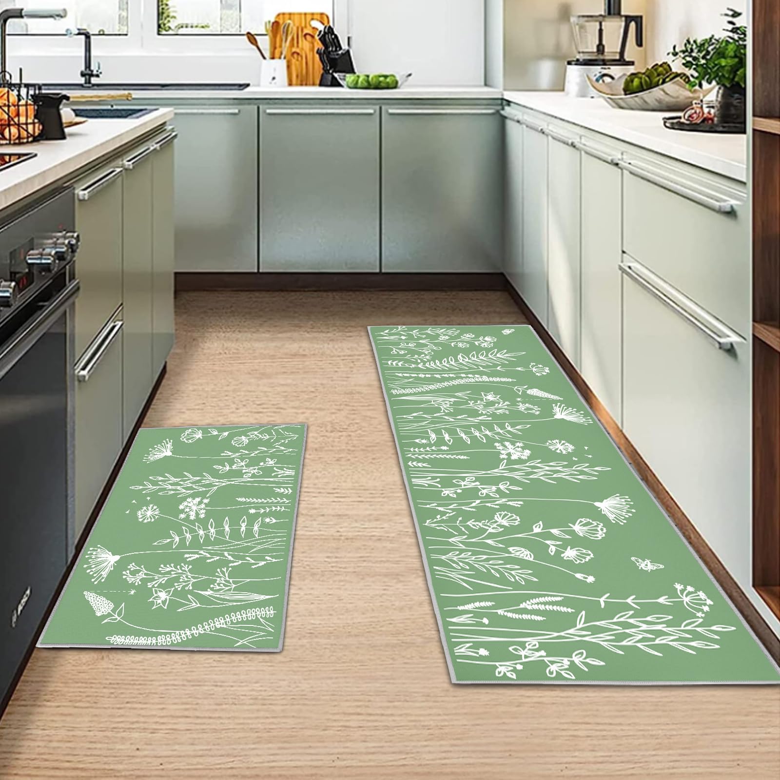 MIQEBX 2 Pcs Kitchen Rugs and Mats,Anti Fatigue Kitchen Rug Sets,Comfort Floor Mats Washable Non Slip Kitchen Rug Runner for Office Sink Laundry (Flowers F, 43x150cm+43x75cm)