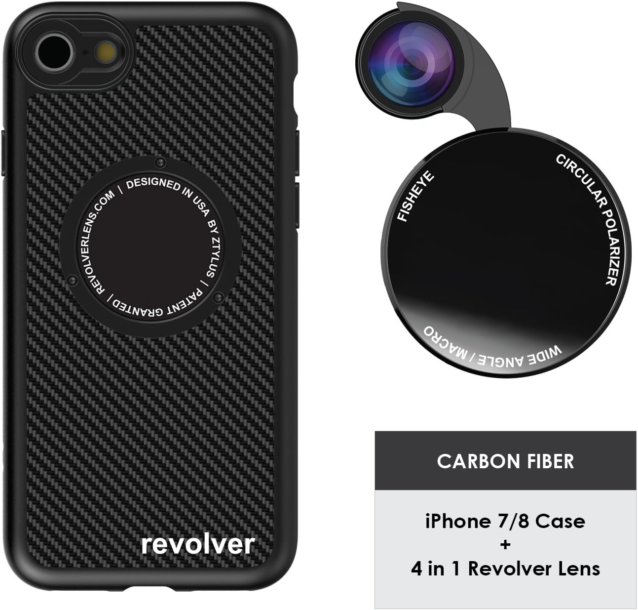Ztylus Designer Revolver M Series Camera Kit: 4 in 1 Lens with Case for iPhone 7/8 – Fisheye Lens, Wide Angle Lens, Macro Lens, CPL (Carbon Fiber)