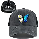 Mesh-Back Washed Cotton Ponytail Baseball Cap for Women Sunflower Dad Sun Hat with Ponytail Hole