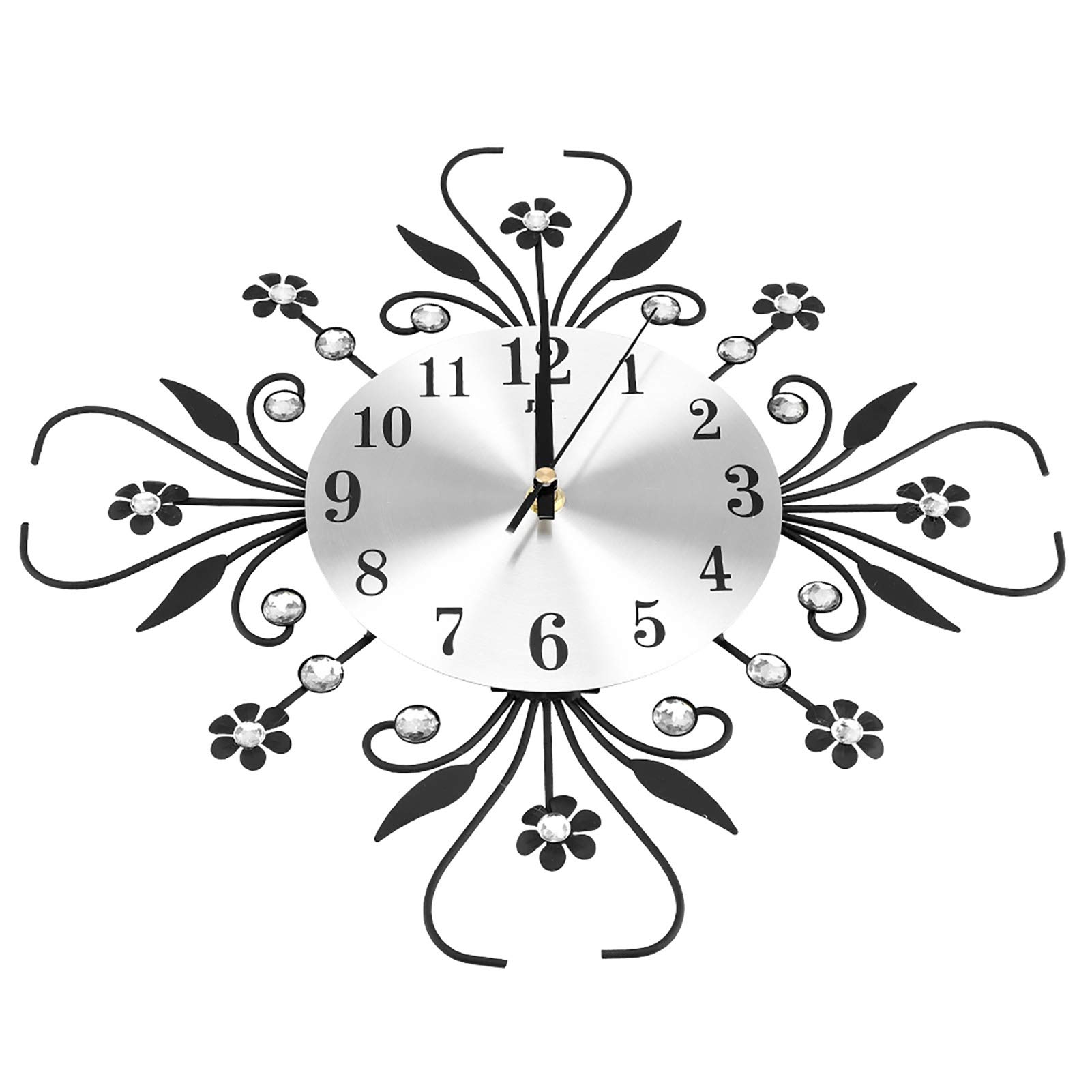 Diamond-studded Metal Needle Wall Clock - Modern Fashion Round Design Silver Diamond Flower, Metal Art Dial 3D Crystal Mute for Living Room Bedroom Dining Room