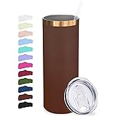 Metalya 20 oz Skinny Tumblers Bulk, Stainless Steel Insulated Tumbler with Lids and Straws, Slim Double Wall Powder Coated Travel Coffee Mugs, Reusable Cup for Hot and Cold Drinks (Brown,1 pack)