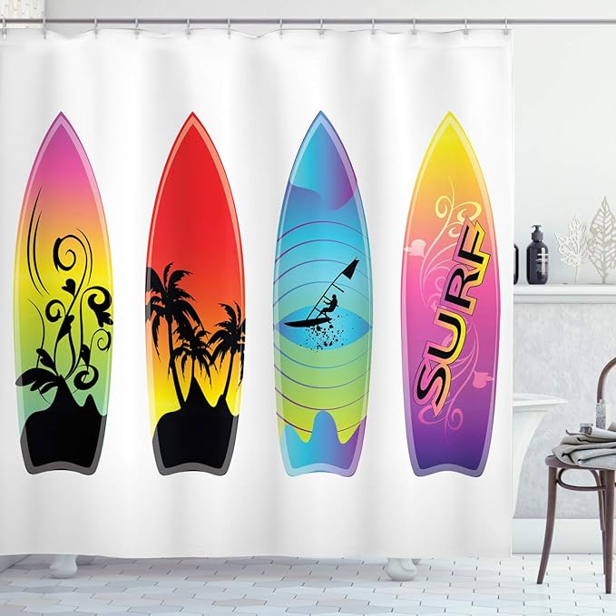 Ambesonne Surfboard Shower Curtain, Surfboard Festival