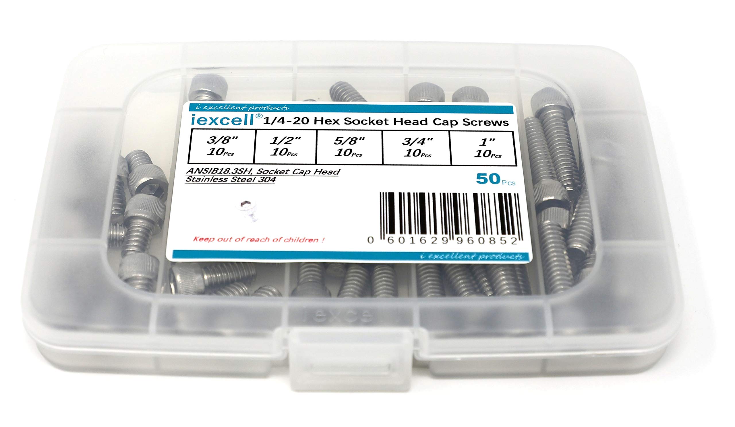 iExcell 50 Pcs 1/4-20 x 3/8" 1/2" 5/8" 3/4" 1" Stainless Steel 304 UNC Threads Hex Socket Head Cap Screws Bolts Assortment