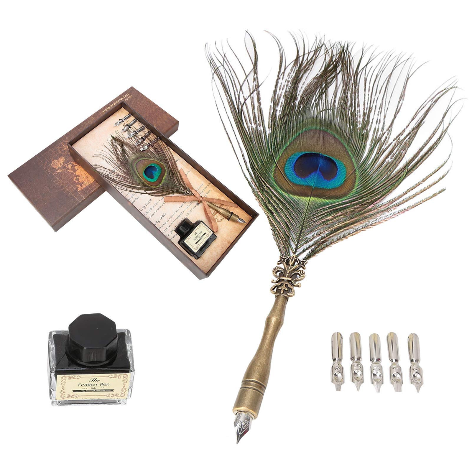 HEEPDD Feather Pen, Antique Peacock Feather Dip Pen Set for Calligraphy Writing Quill Pen with 5 Extra Nibs and Empty Ink Bottle in Gift Box for Artists Students Enthusiasts