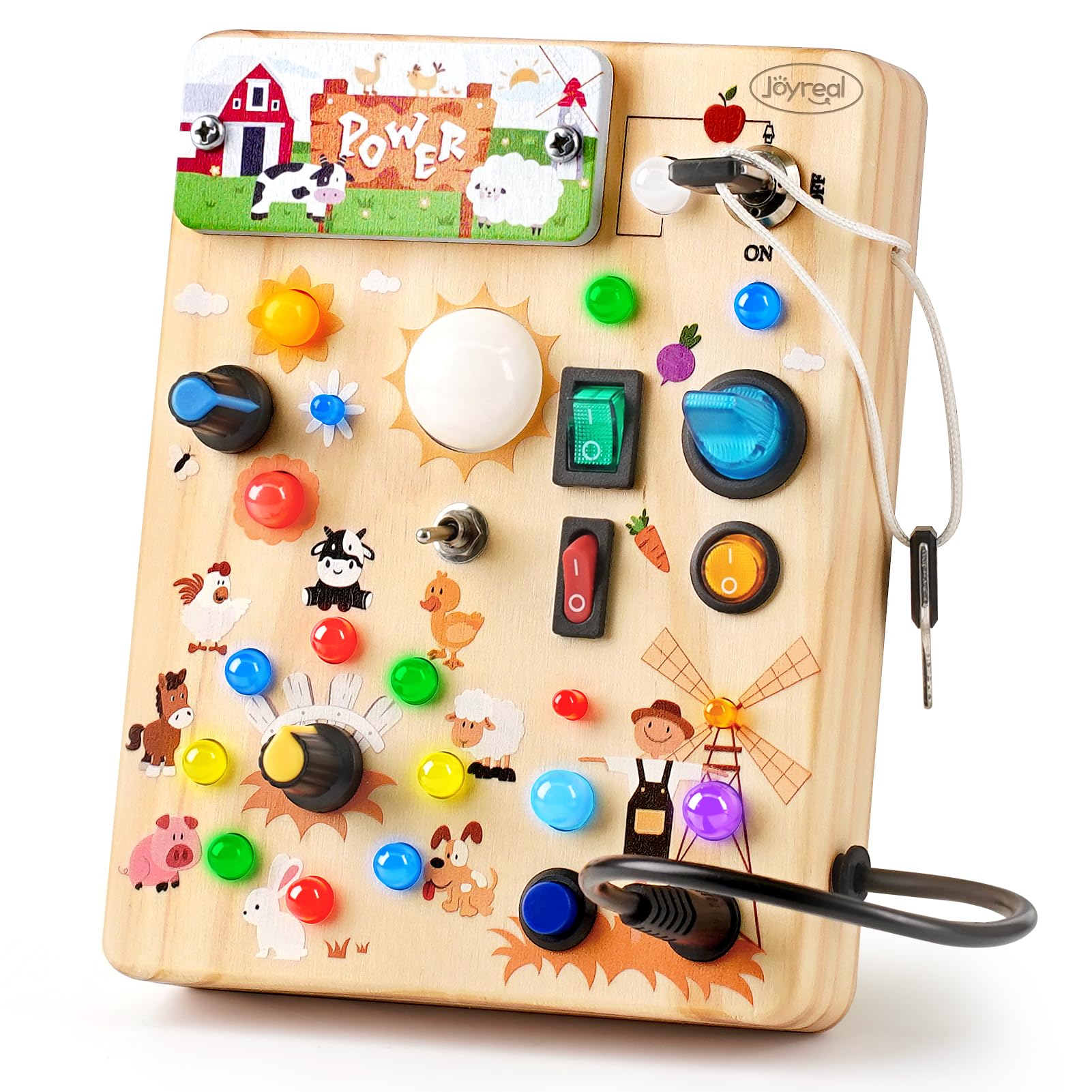 Joyreal Montessori Busy Board 2 Year Old, Fidget Board with 19 LED Lights, Wooden Sensory Toys for Toddlers, Activity Board Educational Toys Travel Toys for Boys Girls 2 3 Year Olds (Farm)