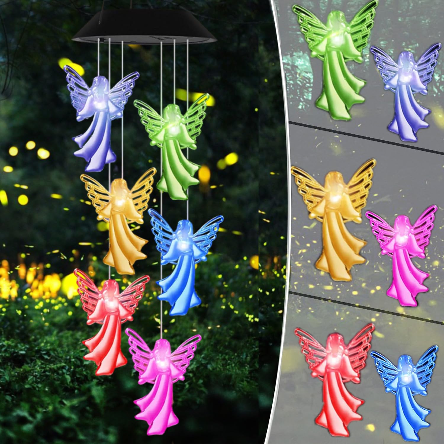 Gerhannery LED Solar Wind Chime Light Mother's Day Gifts Present Spiral Spinner Color Changing Garden Lamp Waterproof Outdoor Decorative Romantic for Patio Yard Garden with Hook (Round) (Angel)